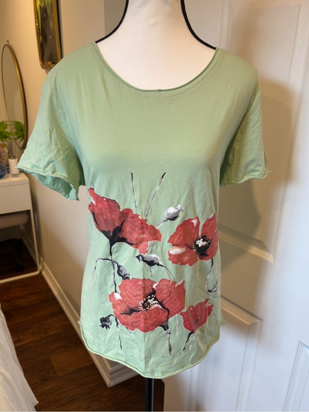 Misslook Pastel Pistachio Green Poppy Floral Tee 2XL Cotton Short Sleeve Top
